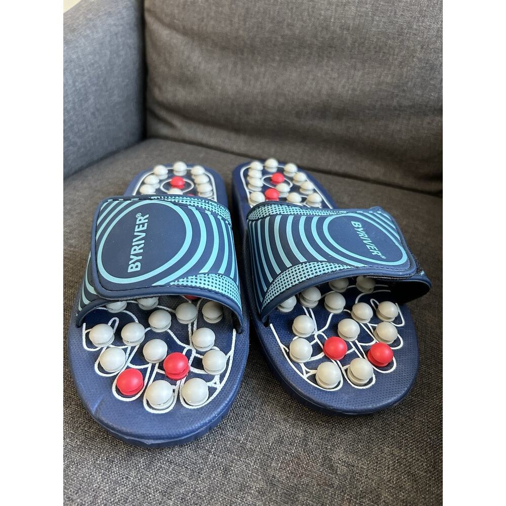 Byriver Spring Massage Sandals Sz‎ L Blue Reflexology Foot Pressure Point Slides